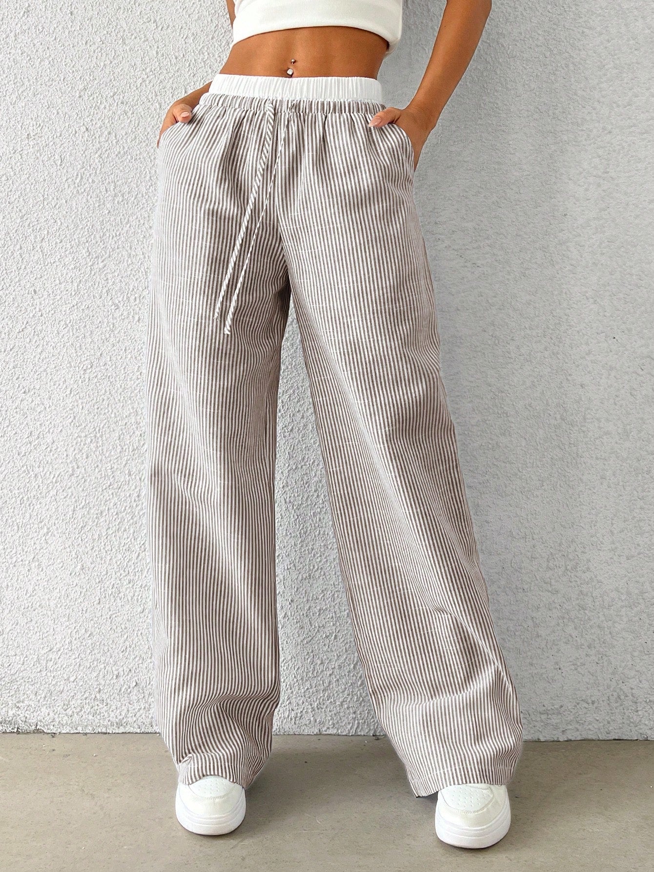EZwear Brown Striped Women's Woven Casual Pants, Spring/Summer
