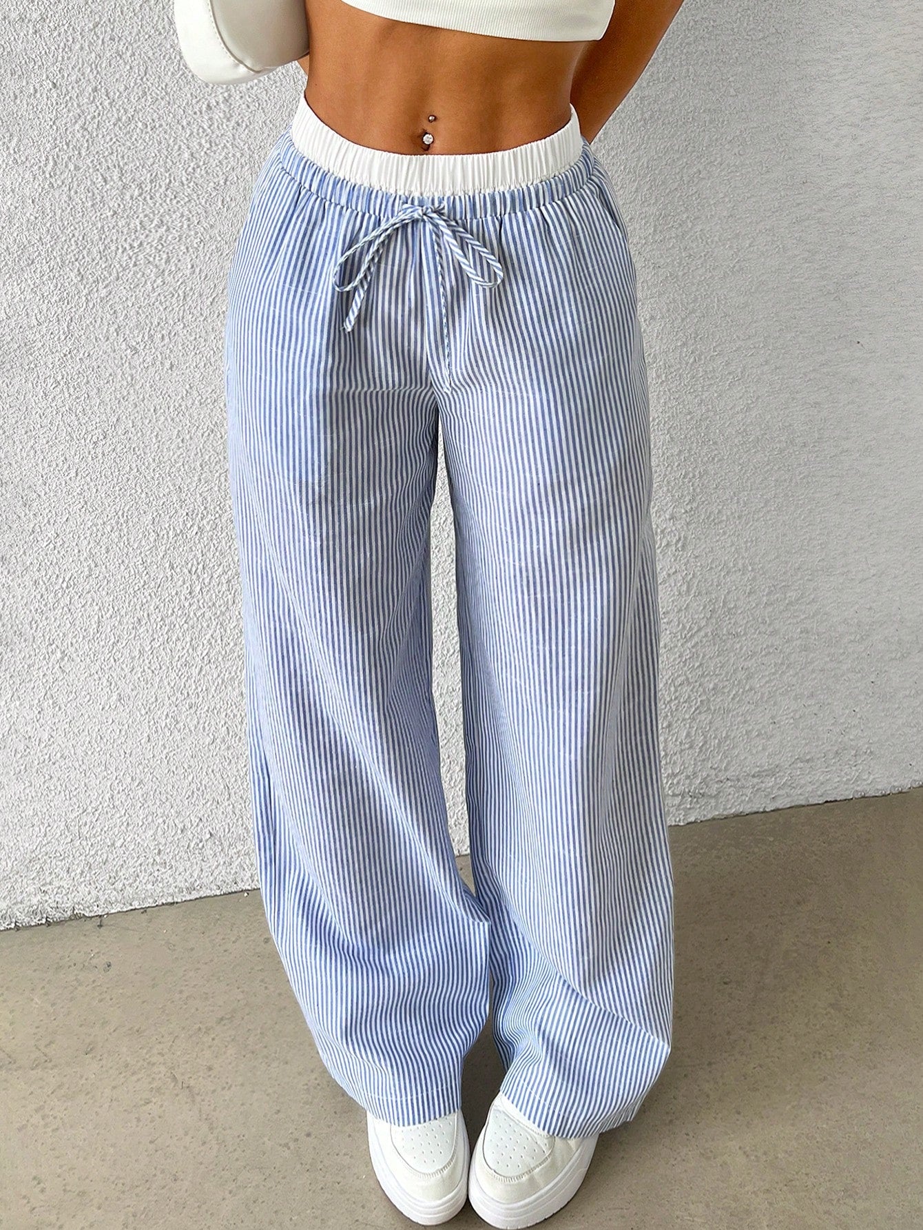 EZwear Brown Striped Women's Woven Casual Pants, Spring/Summer