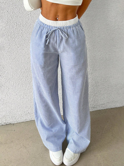 EZwear Brown Striped Women's Woven Casual Pants, Spring/Summer