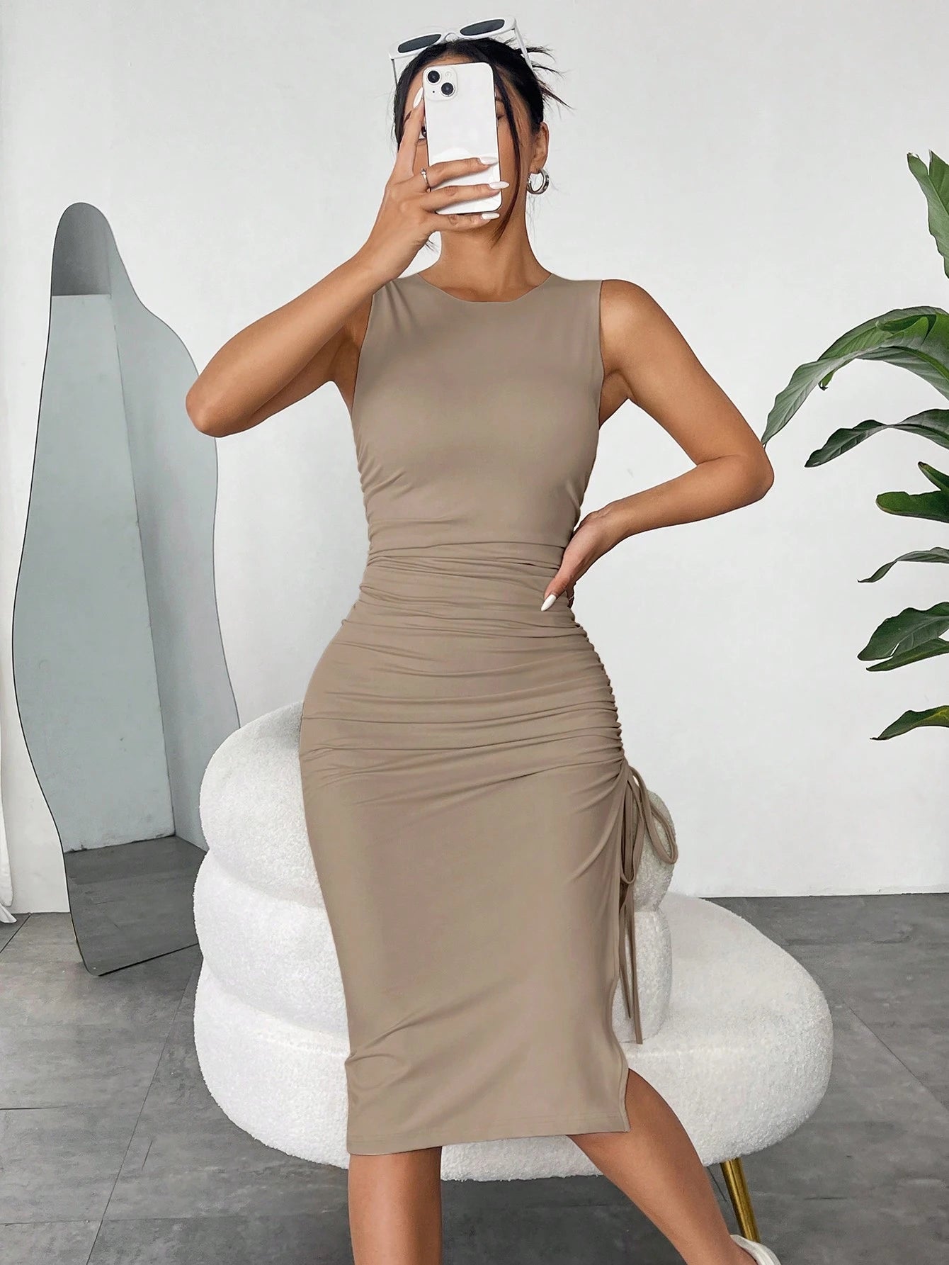 EZwear Khaki Gray Knitted Sleeveless Drawstring Bodycon Dress For Women,Summer Dresses For Women,Tea Party Dress