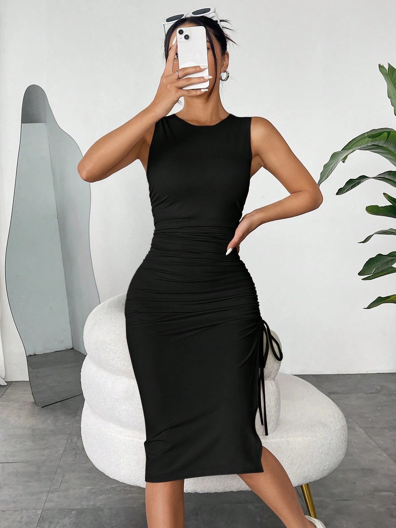 EZwear Khaki Gray Knitted Sleeveless Drawstring Bodycon Dress For Women,Summer Dresses For Women,Tea Party Dress