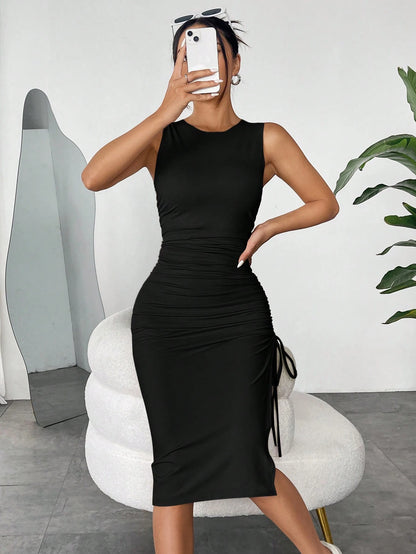 EZwear Khaki Gray Knitted Sleeveless Drawstring Bodycon Dress For Women,Summer Dresses For Women,Tea Party Dress