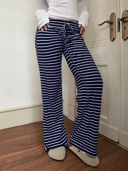 EZwear Low Waist Striped Velvet Drawstring Waist Yoga & Lounge Wide Leg Pants, Autumn/Winter Suitable For Going Out