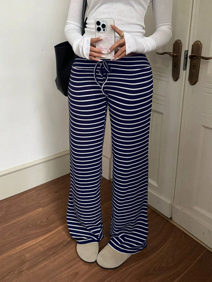 EZwear Low Waist Striped Velvet Drawstring Waist Yoga & Lounge Wide Leg Pants, Autumn/Winter Suitable For Going Out