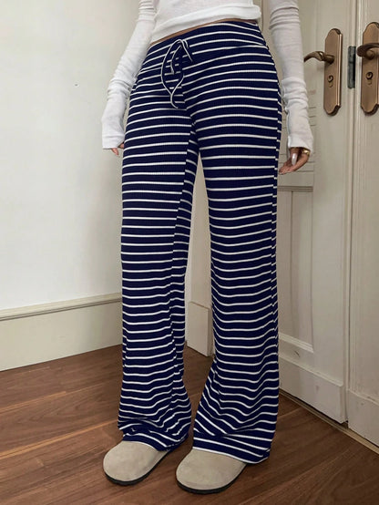 EZwear Low Waist Striped Velvet Drawstring Waist Yoga & Lounge Wide Leg Pants, Autumn/Winter Suitable For Going Out