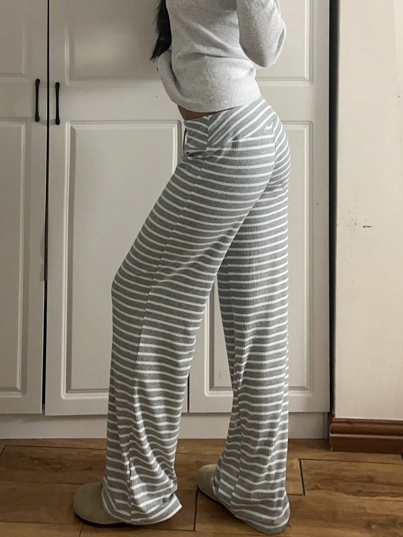 EZwear Low Waist Striped Velvet Drawstring Waist Yoga & Lounge Wide Leg Pants, Autumn/Winter Suitable For Going Out