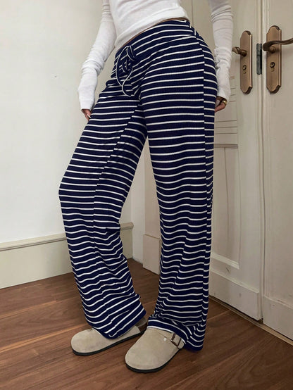 EZwear Low Waist Striped Velvet Drawstring Waist Yoga & Lounge Wide Leg Pants, Autumn/Winter Suitable For Going Out