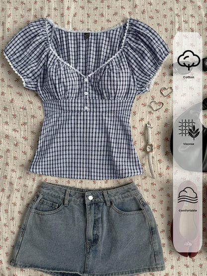 EZwear Navy & White Plaid Casual Plus Size Shirt, Fashionable For Summer