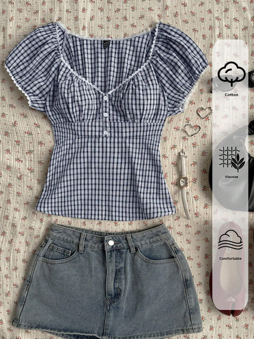EZwear Navy & White Plaid Casual Plus Size Shirt, Fashionable For Summer