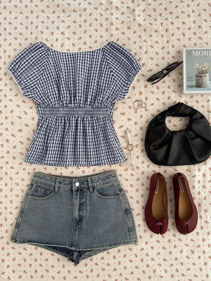 EZwear Navy & White Plaid Casual Plus Size Shirt, Fashionable For Summer