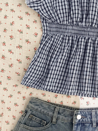EZwear Navy & White Plaid Casual Plus Size Shirt, Fashionable For Summer