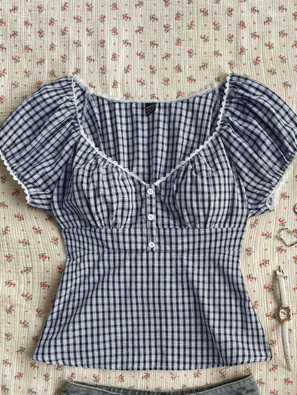 EZwear Navy & White Plaid Casual Plus Size Shirt, Fashionable For Summer