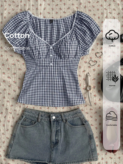EZwear Navy & White Plaid Casual Plus Size Shirt, Fashionable For Summer