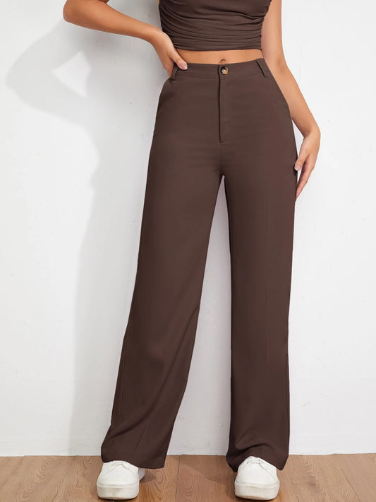 EZwear Spring And Autumn Solid Brown Zipper Fly Fitted Straight Pants