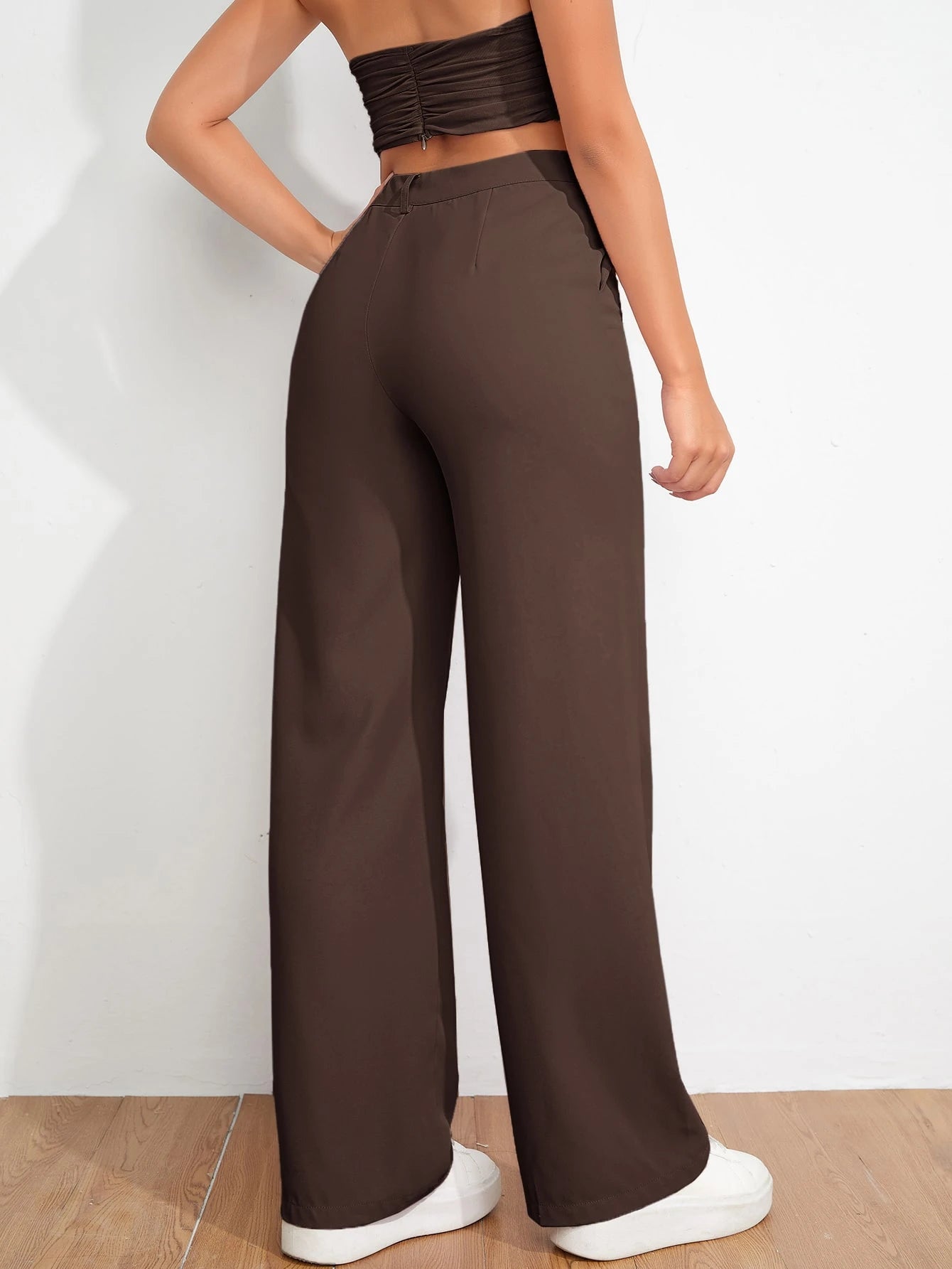 EZwear Spring And Autumn Solid Brown Zipper Fly Fitted Straight Pants