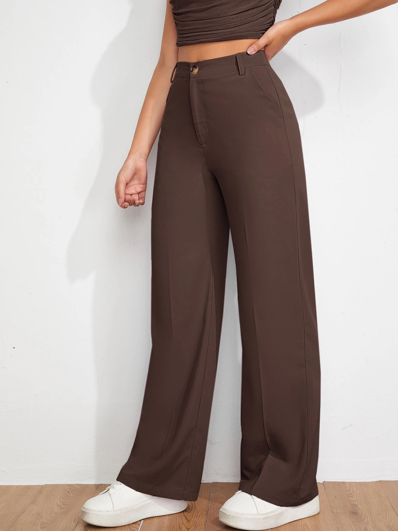 EZwear Spring And Autumn Solid Brown Zipper Fly Fitted Straight Pants