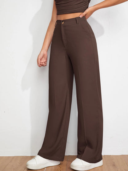 EZwear Spring And Autumn Solid Brown Zipper Fly Fitted Straight Pants