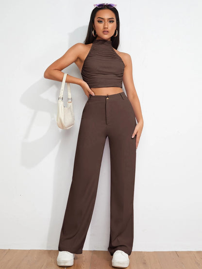 EZwear Spring And Autumn Solid Brown Zipper Fly Fitted Straight Pants