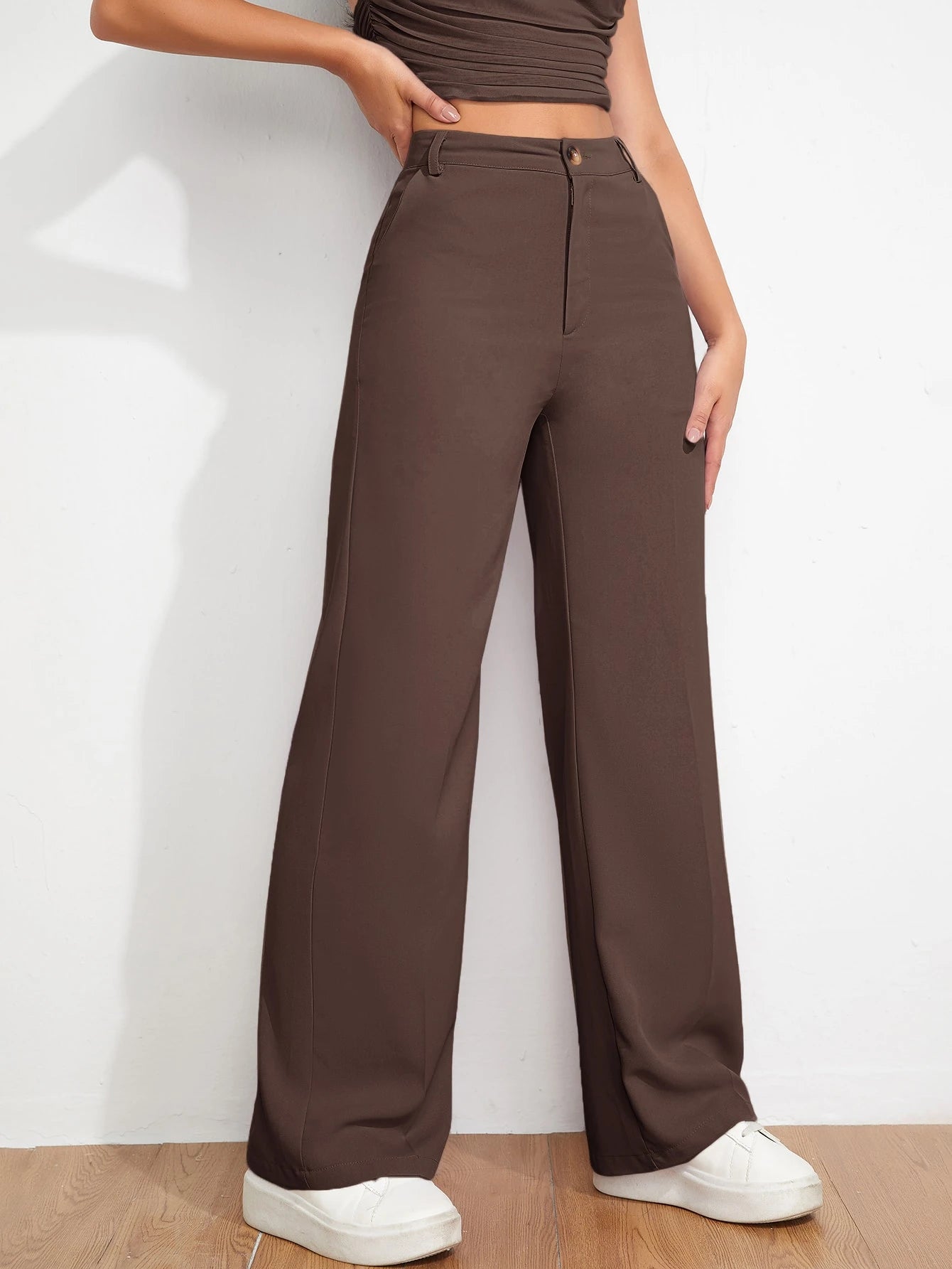 EZwear Spring And Autumn Solid Brown Zipper Fly Fitted Straight Pants