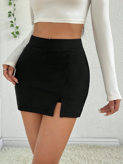 EZwear Summer SkirtLadies' Side Split Hem Skirt,Ladies Casual,Sexy Split Mini Regular Fit High Waist Black Plain Women Skirts,Spring/Summer,Casual Daily Wear