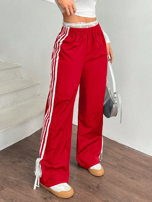 EZwear Women Black Side Contrast White Tape Elastic Waist Pants