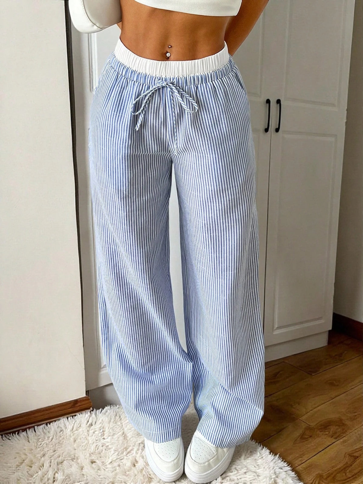 EZwear Women's Casual Blue Striped Woven Wide Leg Pants With Loose Fit