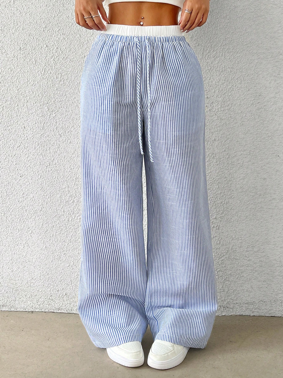 EZwear Women's Casual Blue Striped Woven Wide Leg Pants With Loose Fit
