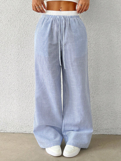 EZwear Women's Casual Blue Striped Woven Wide Leg Pants With Loose Fit