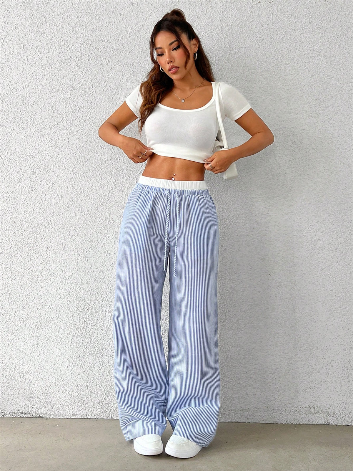 EZwear Women's Casual Blue Striped Woven Wide Leg Pants With Loose Fit