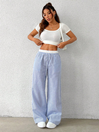 EZwear Women's Casual Blue Striped Woven Wide Leg Pants With Loose Fit