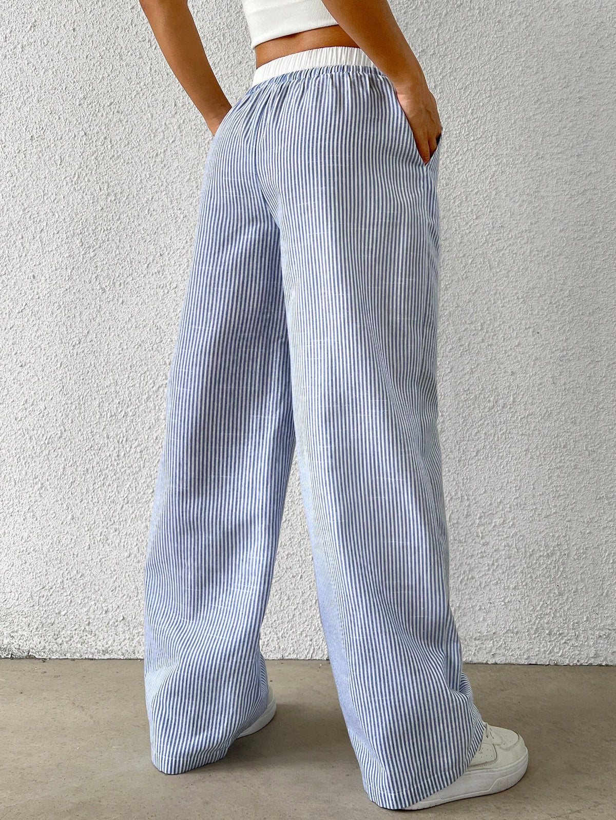 EZwear Women's Casual Blue Striped Woven Wide Leg Pants With Loose Fit