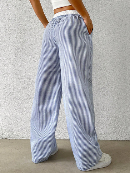 EZwear Women's Casual Blue Striped Woven Wide Leg Pants With Loose Fit