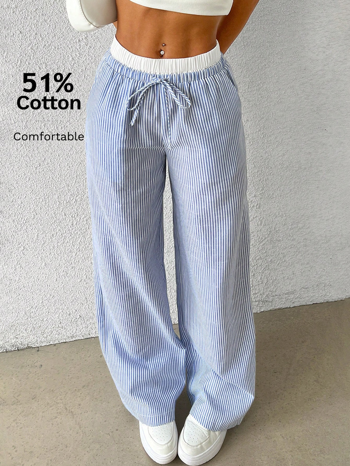 EZwear Women's Casual Blue Striped Woven Wide Leg Pants With Loose Fit