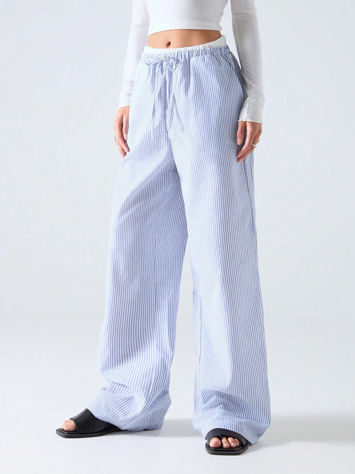 EZwear Women's Casual Blue Striped Woven Wide Leg Pants With Loose Fit