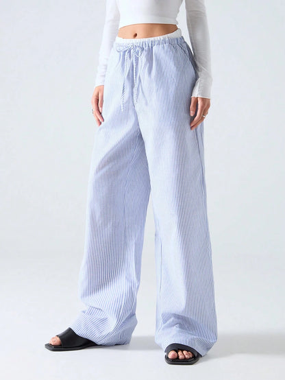 EZwear Women's Casual Blue Striped Woven Wide Leg Pants With Loose Fit
