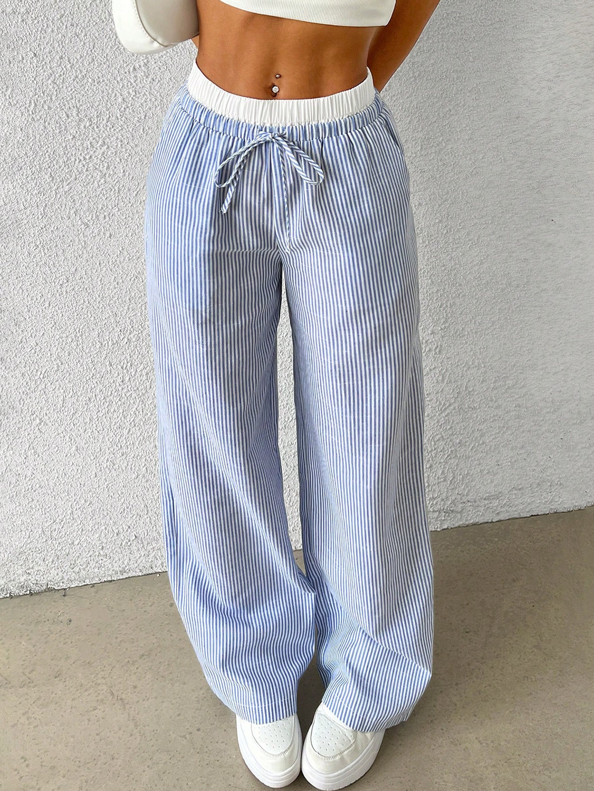 EZwear Women's Casual Blue Striped Woven Wide Leg Pants With Loose Fit