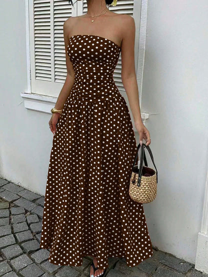 EZwear Women's Polka Dot Print Waist Cinched Bandeau Dress, Vacation Style,Dresses For Women Casual Sun Long Brown Sundress Maxi