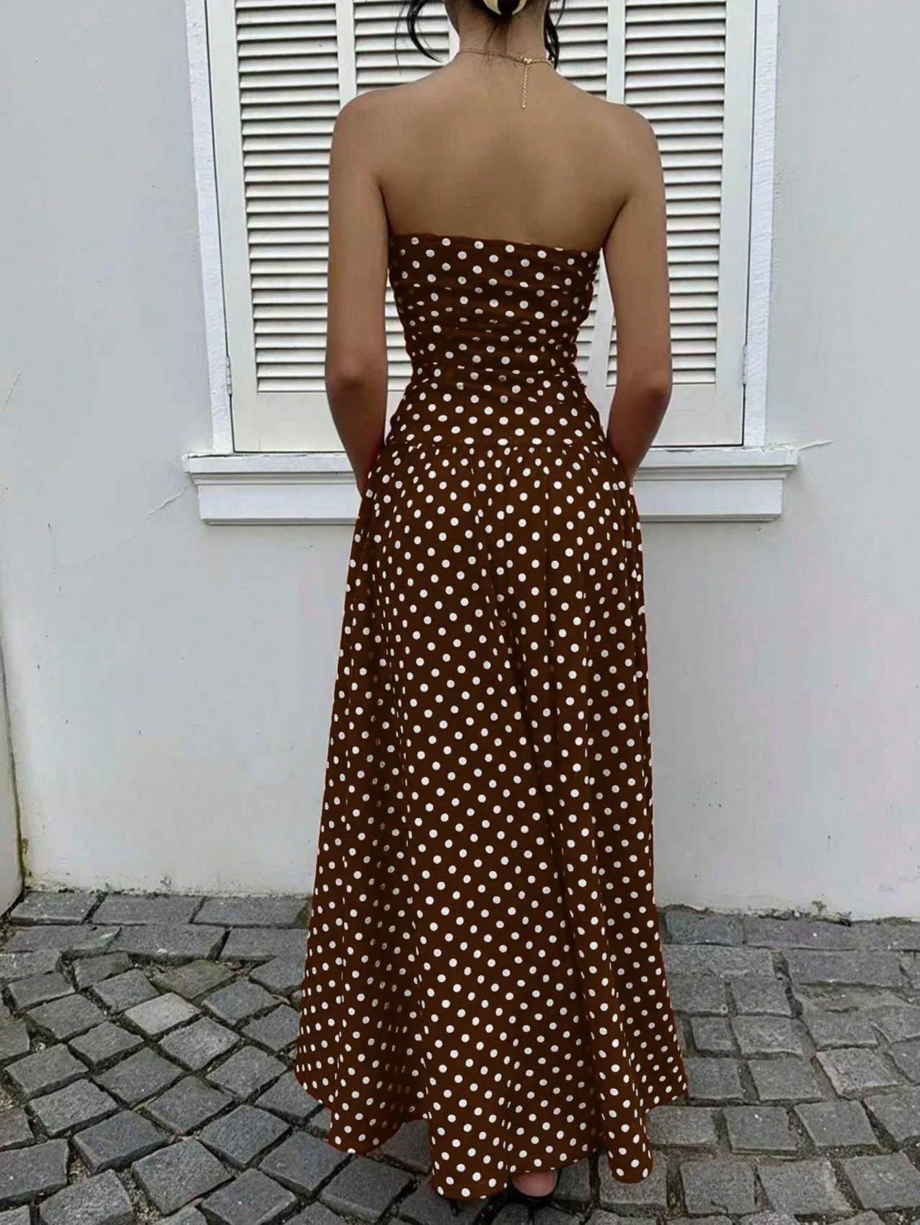 EZwear Women's Polka Dot Print Waist Cinched Bandeau Dress, Vacation Style,Dresses For Women Casual Sun Long Brown Sundress Maxi