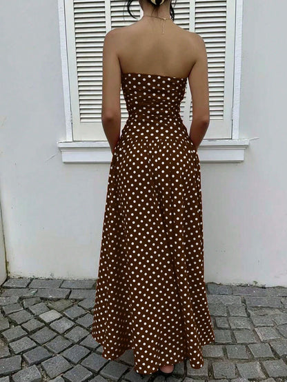 EZwear Women's Polka Dot Print Waist Cinched Bandeau Dress, Vacation Style,Dresses For Women Casual Sun Long Brown Sundress Maxi