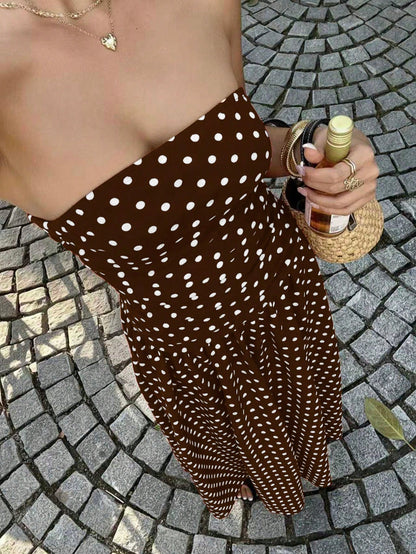 EZwear Women's Polka Dot Print Waist Cinched Bandeau Dress, Vacation Style,Dresses For Women Casual Sun Long Brown Sundress Maxi