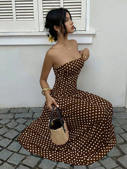 EZwear Women's Polka Dot Print Waist Cinched Bandeau Dress, Vacation Style,Dresses For Women Casual Sun Long Brown Sundress Maxi