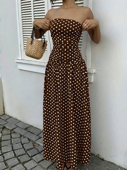 EZwear Women's Polka Dot Print Waist Cinched Bandeau Dress, Vacation Style,Dresses For Women Casual Sun Long Brown Sundress Maxi