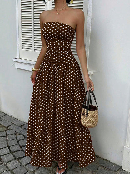 EZwear Women's Polka Dot Print Waist Cinched Bandeau Dress, Vacation Style,Dresses For Women Casual Sun Long Brown Sundress Maxi
