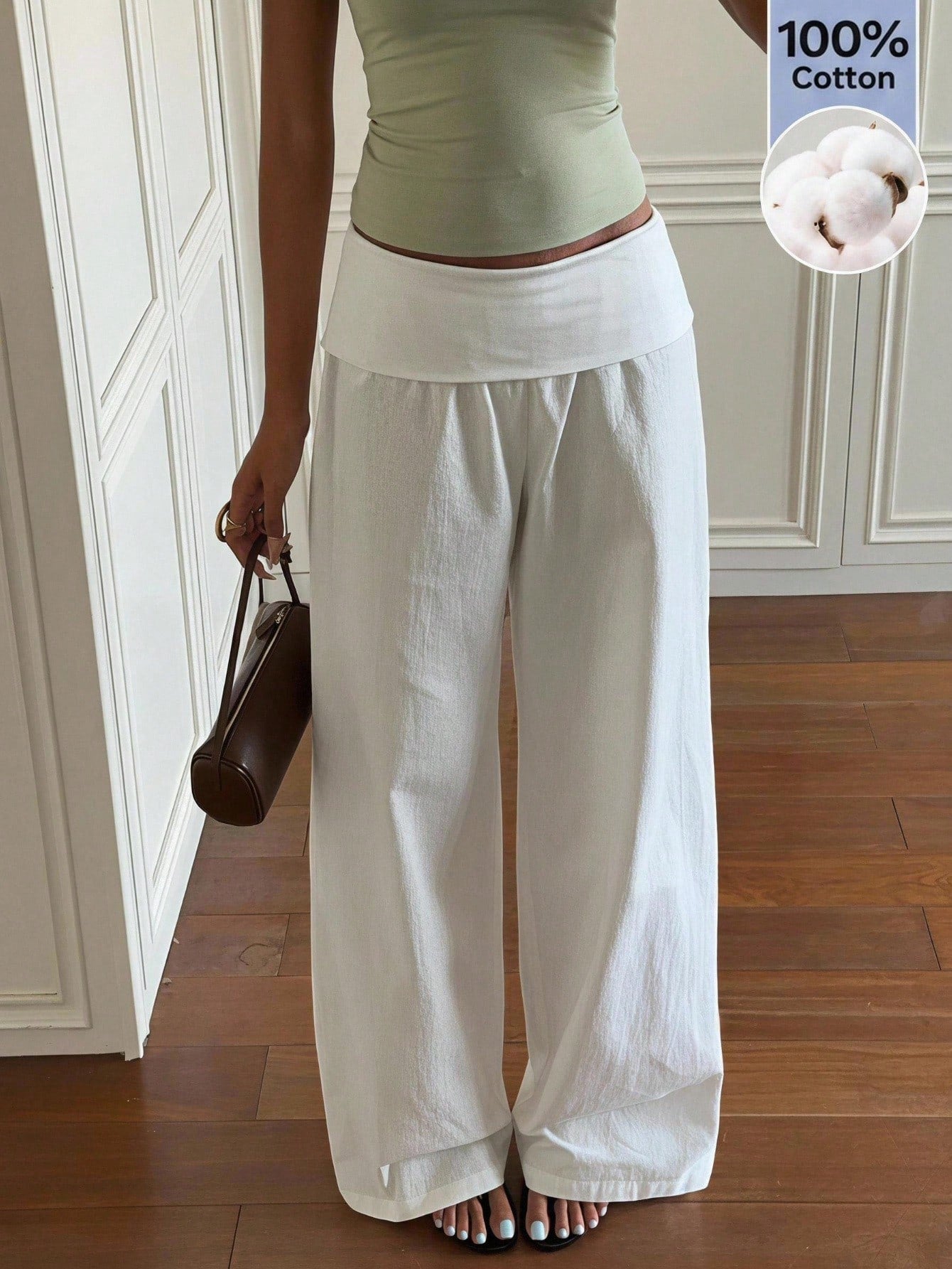 EZwear Women's White Woven Casual Long Pants With Folded Waist Vacation Summer