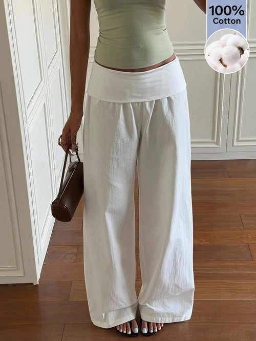 EZwear Women's White Woven Casual Long Pants With Folded Waist Vacation Summer