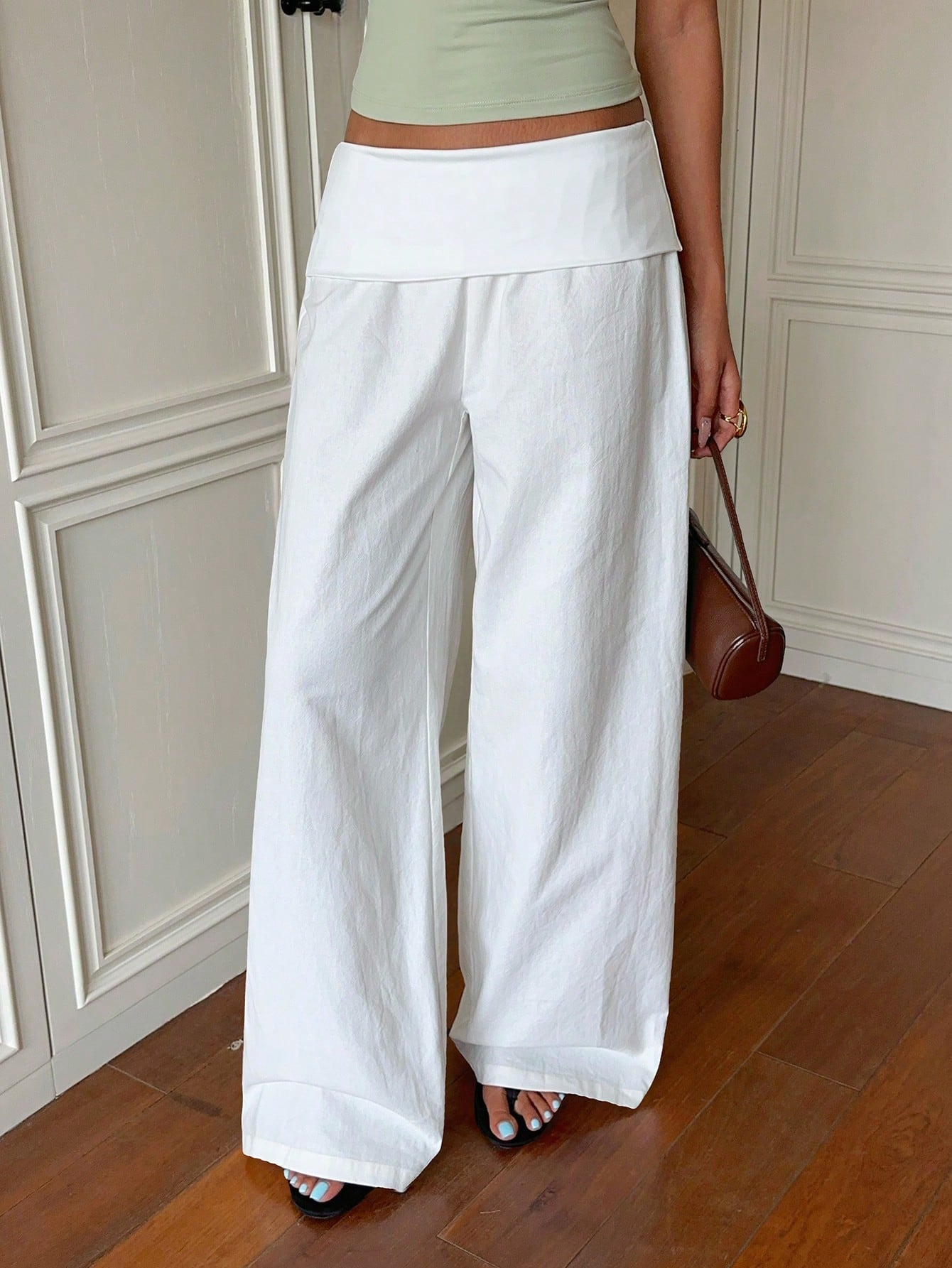 EZwear Women's White Woven Casual Long Pants With Folded Waist Vacation Summer