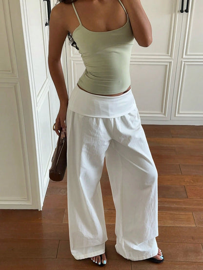 EZwear Women's White Woven Casual Long Pants With Folded Waist Vacation Summer