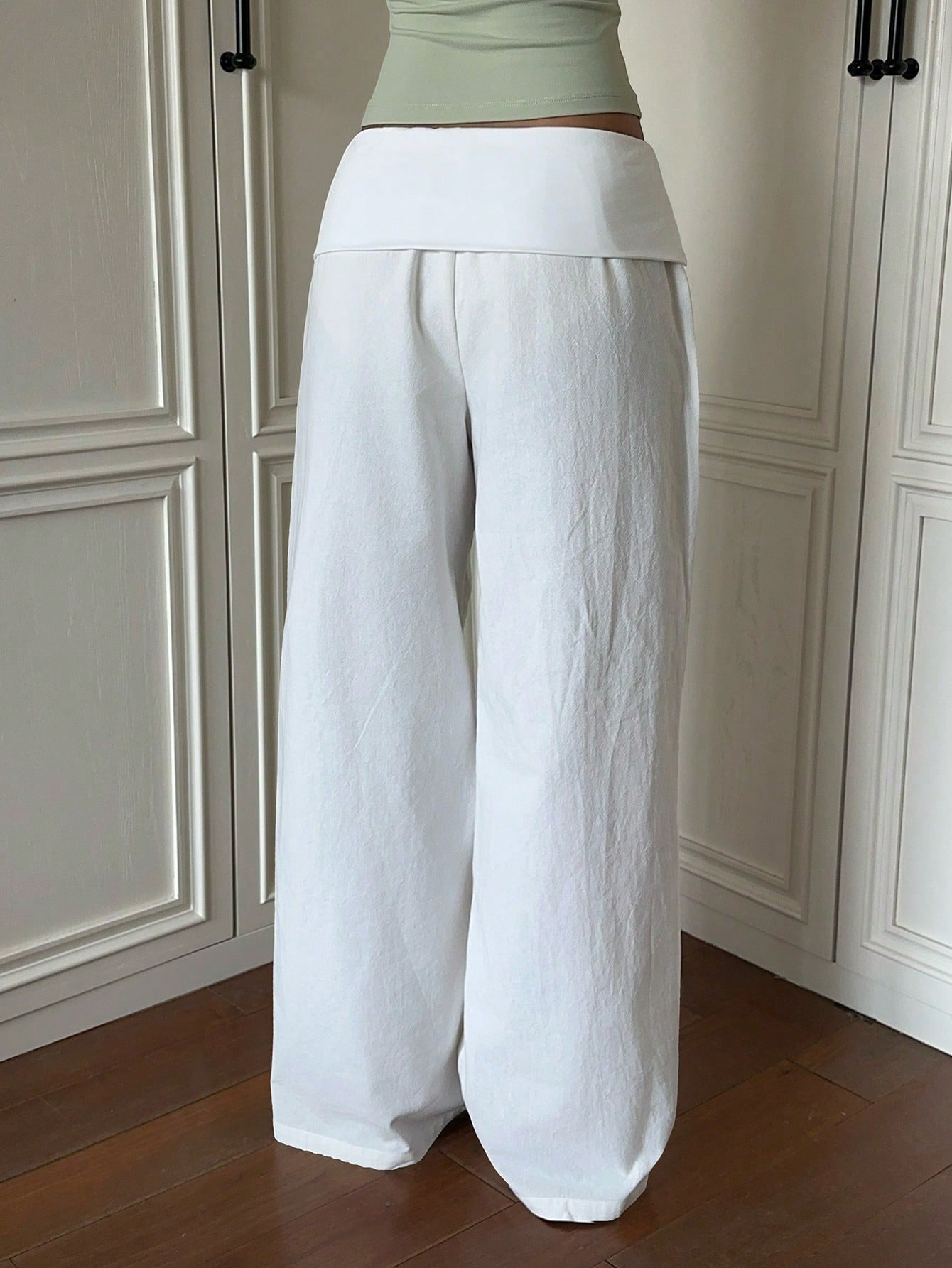 EZwear Women's White Woven Casual Long Pants With Folded Waist Vacation Summer
