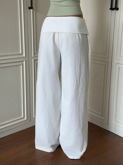 EZwear Women's White Woven Casual Long Pants With Folded Waist Vacation Summer