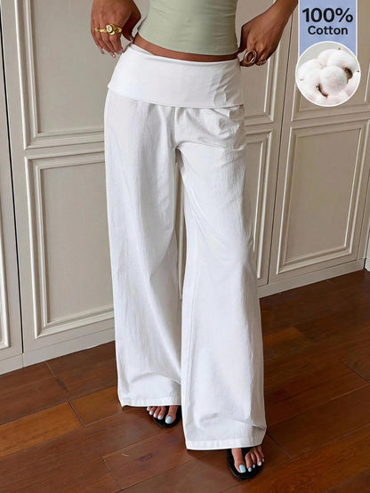 EZwear Women's White Woven Casual Long Pants With Folded Waist Vacation Summer